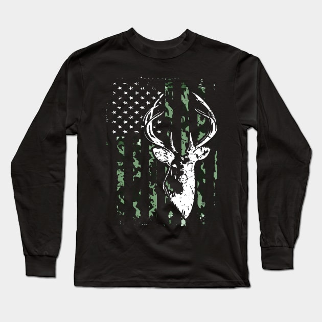 Camouflage American Flag Deer Hunting Long Sleeve T-Shirt by Kiwistore